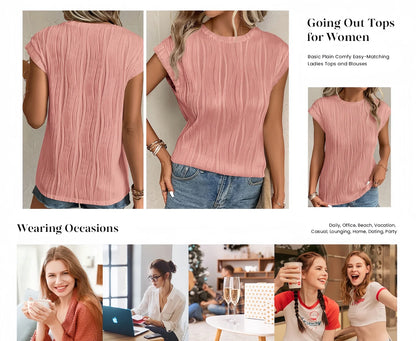 Women'S Summer Going Out Tops Dressy Casual Crewneck Short Sleeve Textured Basic Cute Trendy T Shirts Tee Blouse